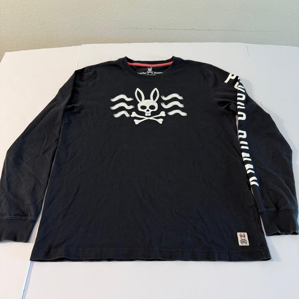 Psycho Bunny Mens Black Pima Cotton Long Sleeve Graphic Logo T-Shirt Size 5 L